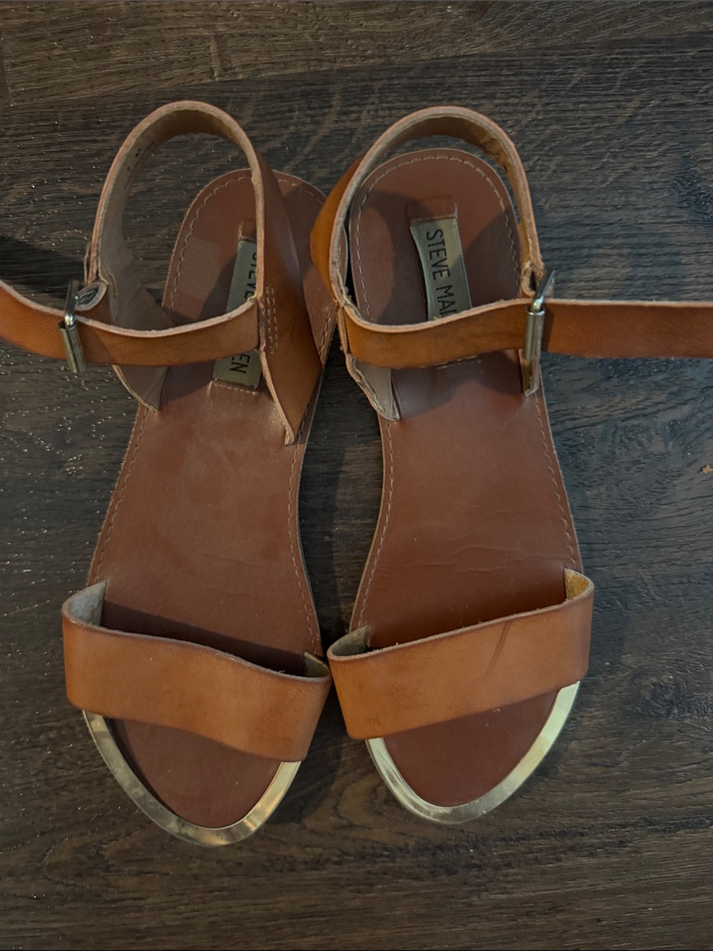 Steve Madden Brown Leather Ankle-Strap Sandals with Gold Toe Trim
